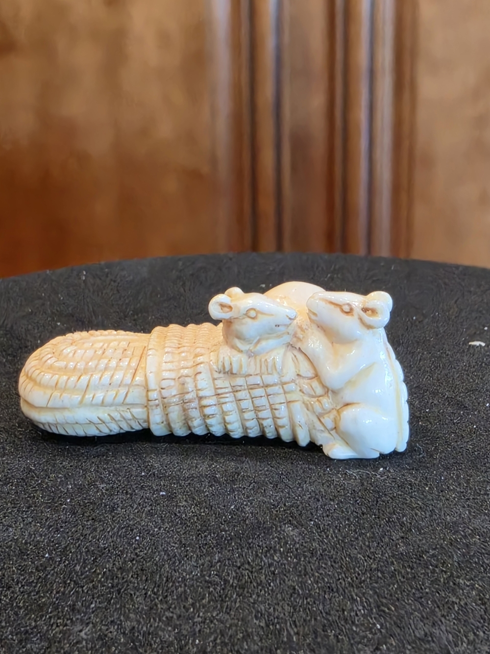 Netsuke Hand-Carved Figurine with Two Mice on a Hay Bale - EUC Rare